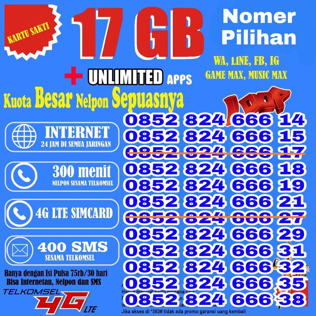 Sakti Combo 17 GB Telkomsel Nomor Cantik