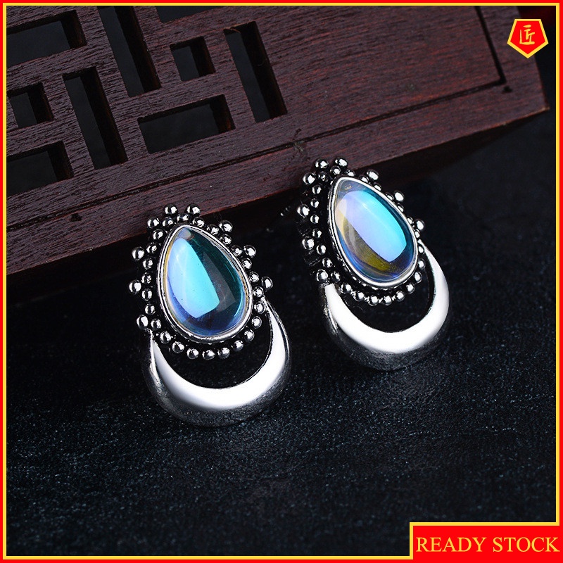 [Ready Stock]New Moonstone Vintage Silver Crescent Earrings