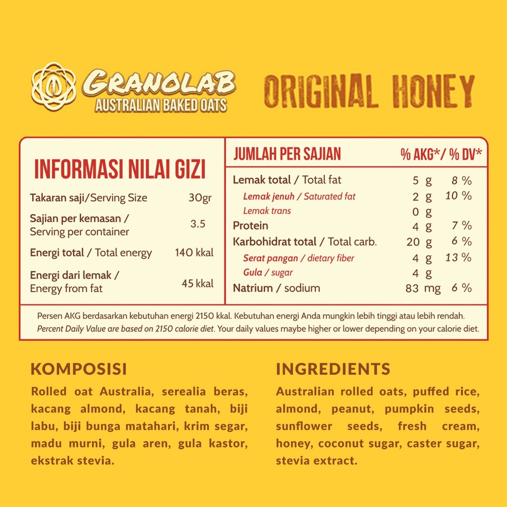 Granolab Original Honey 105 gr Granola Snack Diet Sehat Tinggi Serat &amp; Protein