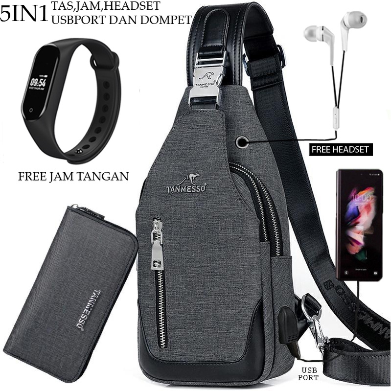 TANMESSO 5in1 BAYAR DITEMPAT- JAM LED -HEADSET- DOMPET -USBPORT -TAS WATERPROOF-BAHAN INTERPILAR SENDIRI LEMBUT DAN TEBAL MENGANDUNG 70%COTTON BUKAN PARASUT ATAU KANVAS SEPERTI YANG BEREDAR DIPASARAN-TAS SELEMPANG PRIA-SLING BAG PRIA