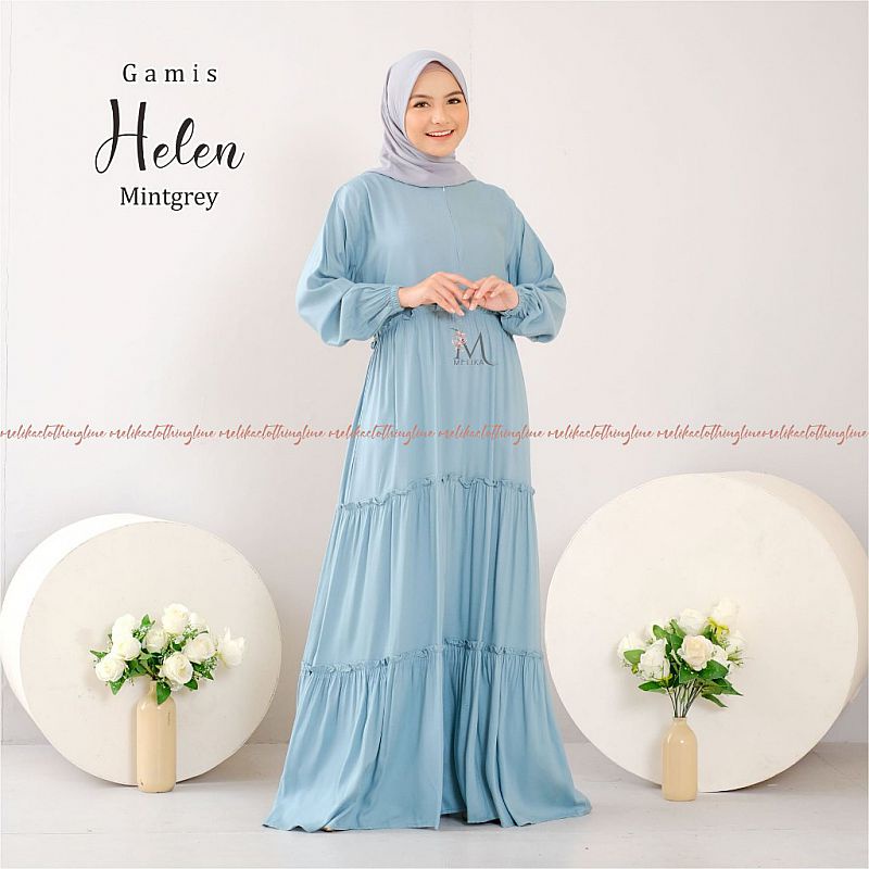 Gamis Rayon Dewasa Helen Polos Cantik Elegan Mintgrey Mint Grey Biru Muda Wardah