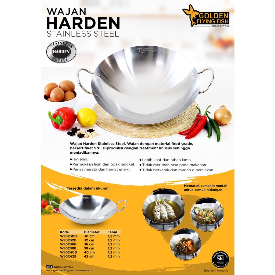 Wajan Golden Flying Fish - Kuali Anti Lengket Stainless Harden Steel Diameter 30 32 36 38 40 42 cm