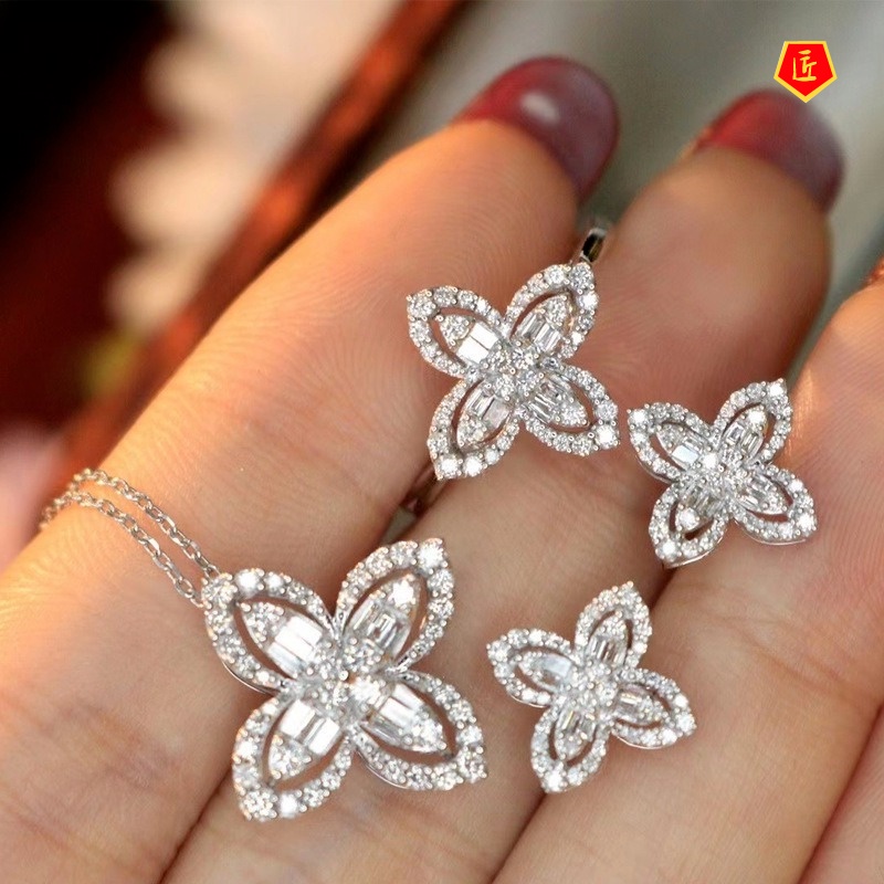 [Ready Stock]Female Niche Diamond Clover Ear Stud Necklace Ring Set