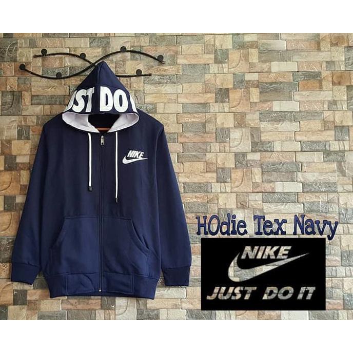 JAKET SWEATER NIKE HODIE TEXT NAVY BAHAN FLEECE