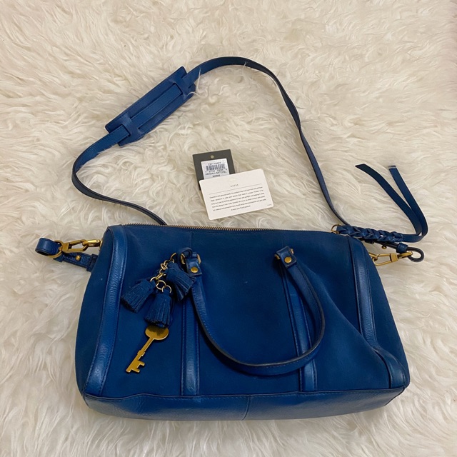 Preloved Fossil Kendall Satchel Blue Marine Suede Tas Bagus Murah