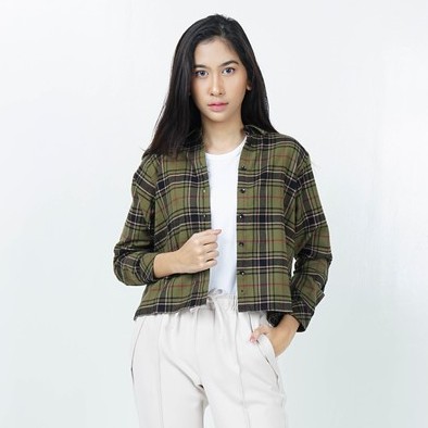 Benhill Kemeja Crop Top Wanita Flannel  Lengan Panjang Kotak Hijau 737-11784