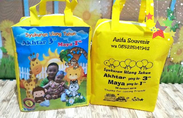 TAS / GOODIE BAG SOUVENIR ULANG TAHUN/ ULTAH ANAK ZIPPER/ RESLETENG POTRAIT CUSTOM PAKE SABLON NAMA-2