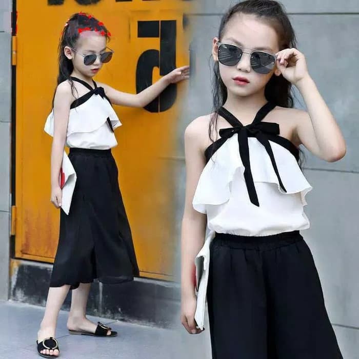 TBI Baju Anak Cewe Fashion Setelan Import Halterneck Pita Celana Crop