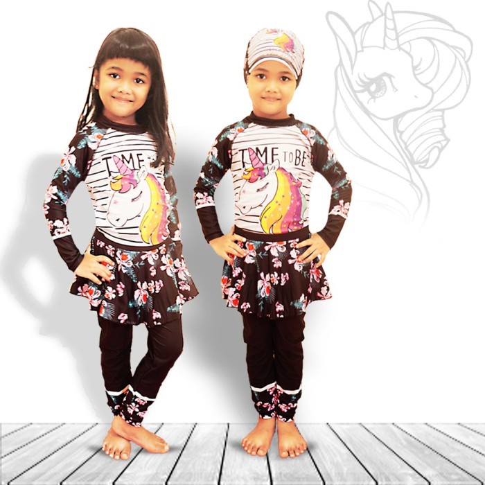 PEREMPUAN-ANAK-RENANG-BAJU- BAJU RENANG ANAK MUSLIM UNICORN ROK LENGAN PANJANG SD PEREMPUAN TOPI -