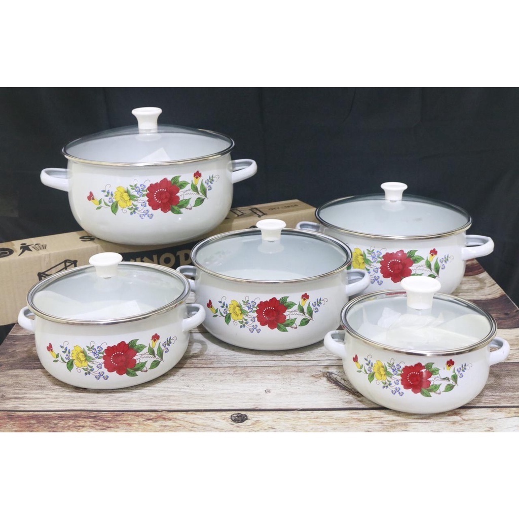 Panci Bunga Set 5 Susun Tutup Kaca / Panci Set Keramik Enamel