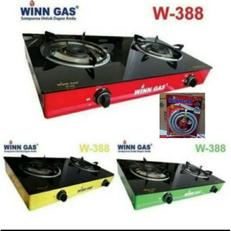 Winn Gas , W 388 , Win Gas , Kompor Gas Kaca , 2 Tungku + Selang