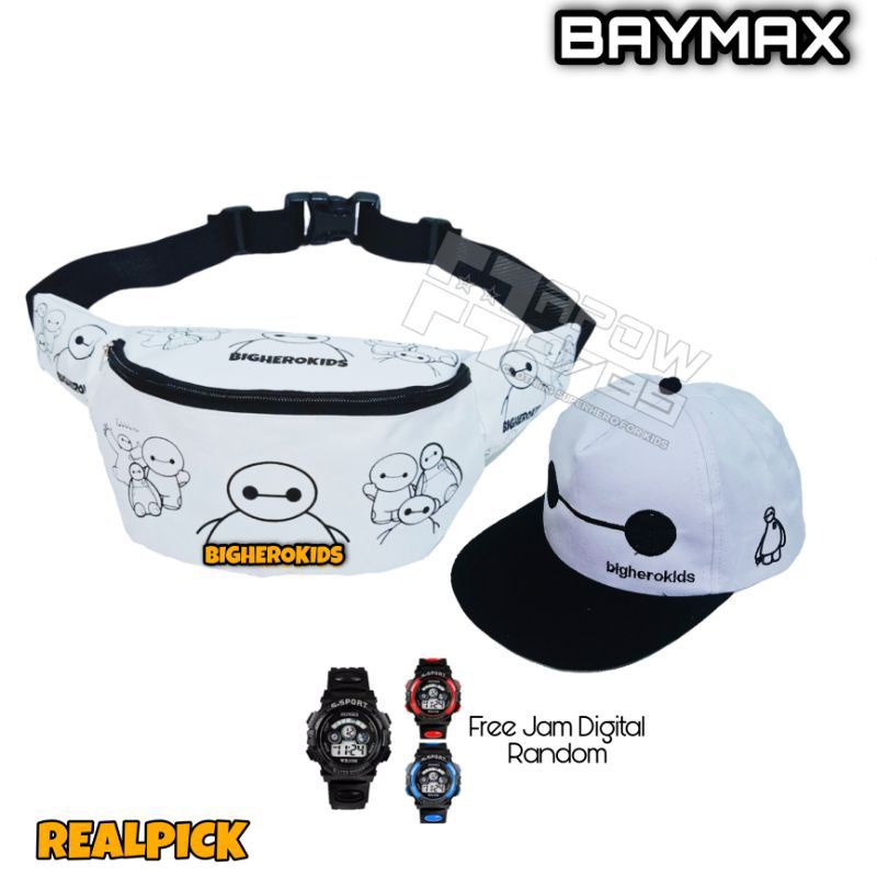 waistbag anak canvas karakter baymax 3in1 - tas + topi + jam