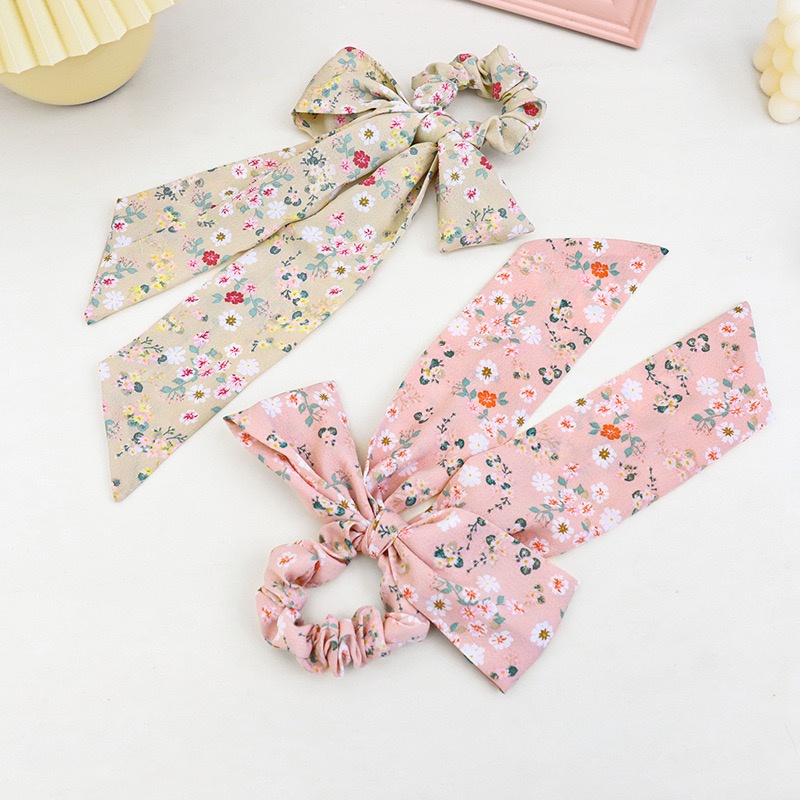 Ikat Rambut Srunchie Kain Model Pita Dengan Motif Bunga-Bunga Lucu Korean Import-6