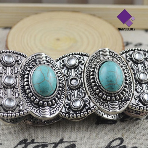 Naiveblue &gt; Gelang Tangan Gaya Retro Tibet Aksen Batu Turquoise Oval Untuk Perhiasan Wanita