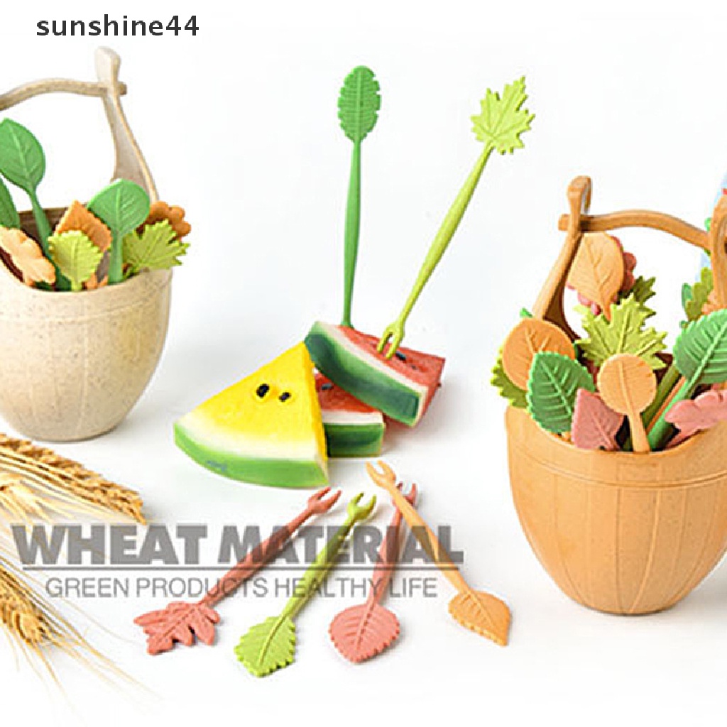 Sunshine 16pcs / Set Garpu Buah / Kue / Snack / Salad Bentuk Bunga / Daun Bahan Jerami Gandum Dengan Ember