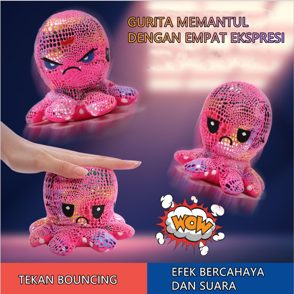 Boneka Gurita Reversible/Boneka Gurita Tekan Bouncing/Ada LED Dan Suara/Empat Ekspresi/Mainan Baru