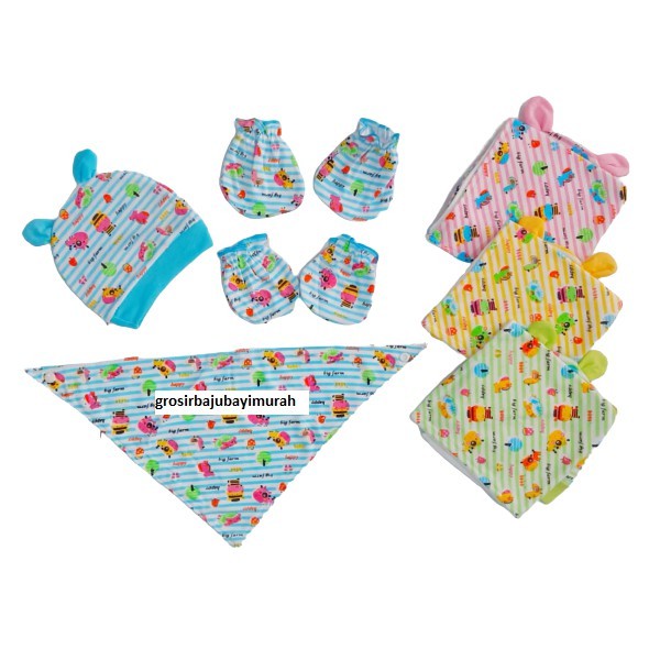 set topi bayi + sarung tangan kaki bayi + slaber 4 in1 JEJE baru lahir