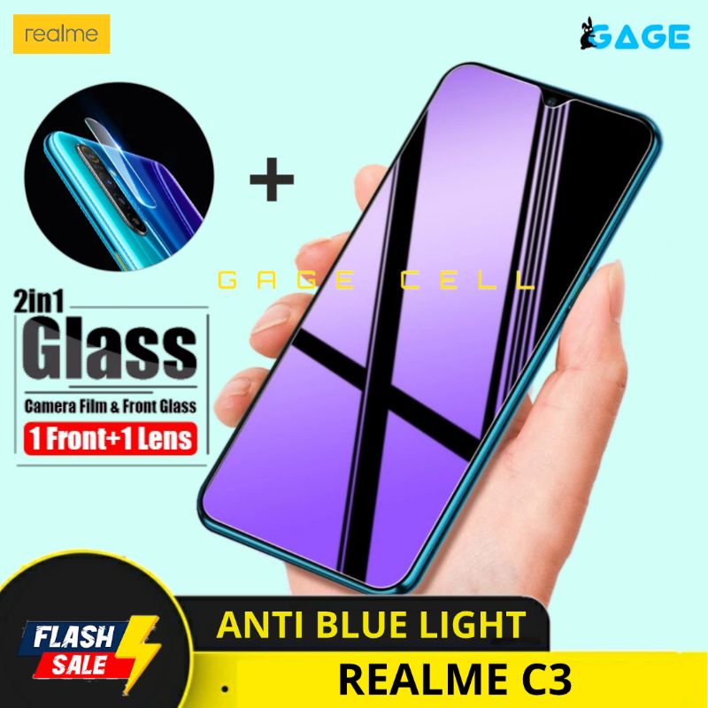 2in1 TEMPERED GLASS TG ANTI GORES BLUE LIGHT FULL LAYAR KAMERA REALME C2 C3 SCREEN PROTECTOR