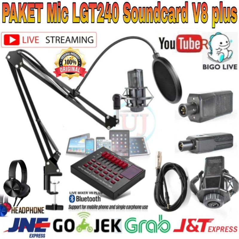 Paket Microphone LGT240 Soundcard V8 plus Stand Arm Pop Filter Home Recording Terbaik