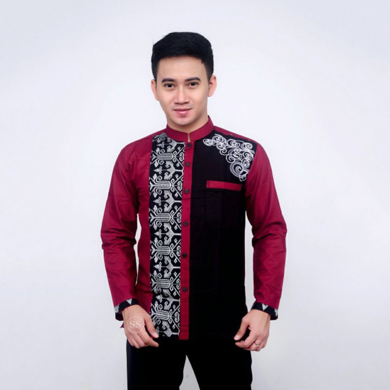 Baju Koko Pria Lengan Panjang Baju Batik Kekinian Kombinasi Bordir Matt Katun Terbaru