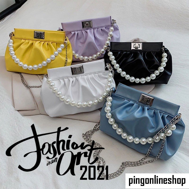 New 2021 Fashion Women Selempang Handbags Mutiara Batu Tali Rantai Elegant Classic Small