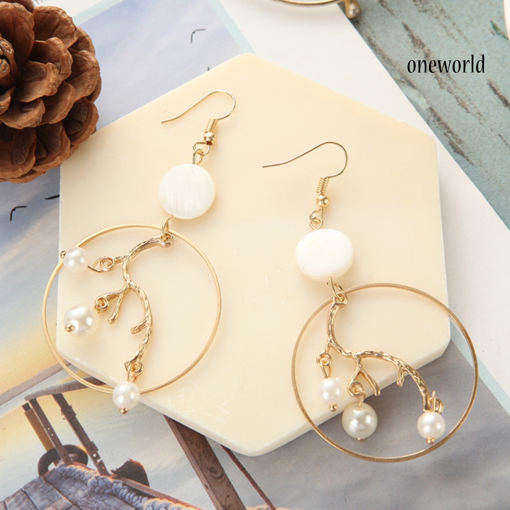 OW@ Women Birthday Gift Circle Faux Pearl Dangle Ear Hooks Fashion Jewelry Earrings