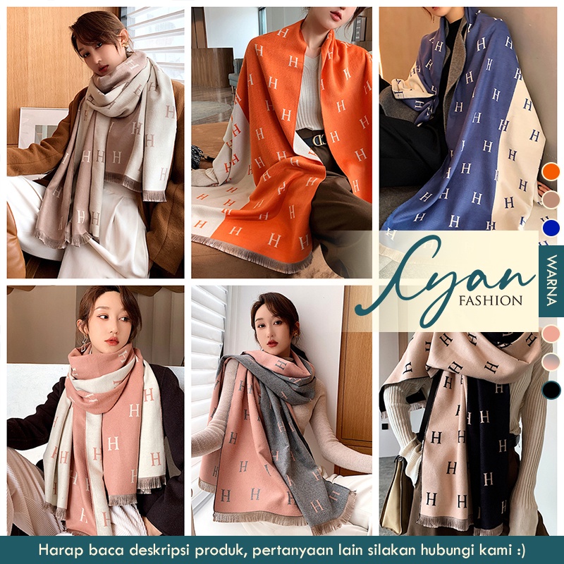 Syal &quot;Harper&quot; 60 x 190 Anggun motif Huruf H yang mewah Bahan High Grade Cashmere Immitation