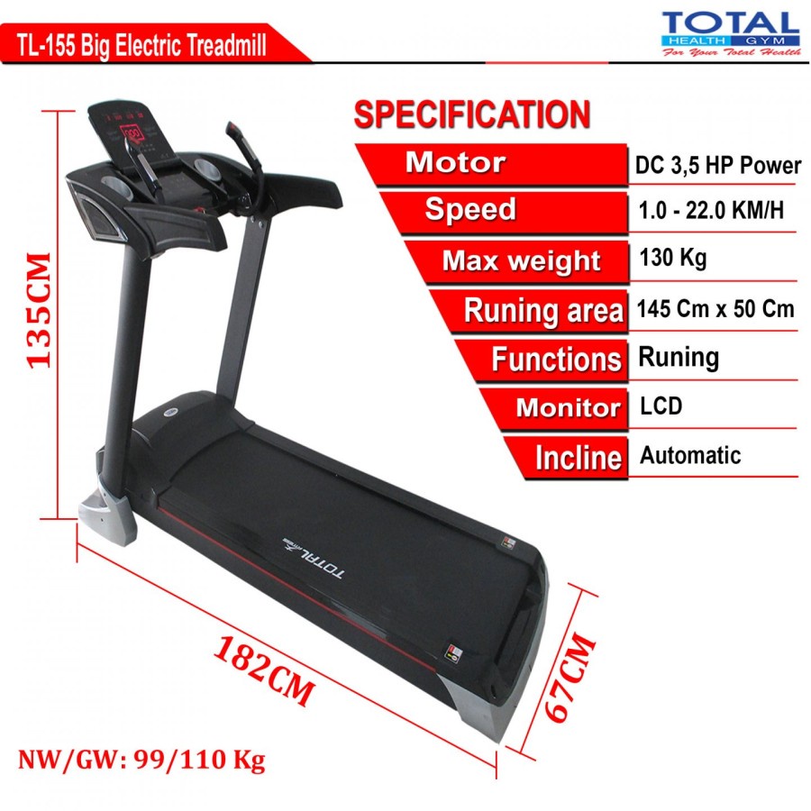 alat fitness TOTAL Treadmill Elektrik TL 155 | Treadmill Auto Incline