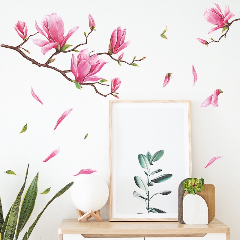 Stiker Dinding Motif Bunga Magnolia Untuk Dekorasi Ruang Tamu / Kamar Tidur