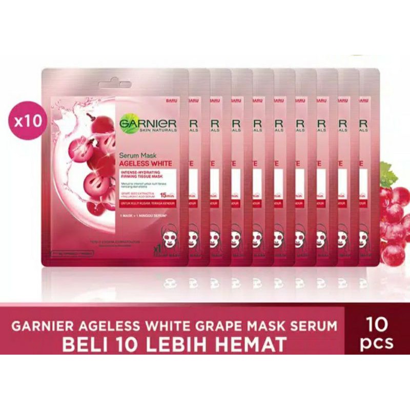 GARNIER  AGELESS WHITE GRAPE MASK SERUM isi 10 PCS (UNTUK KULIT KUSAM TERASA KENDUR)