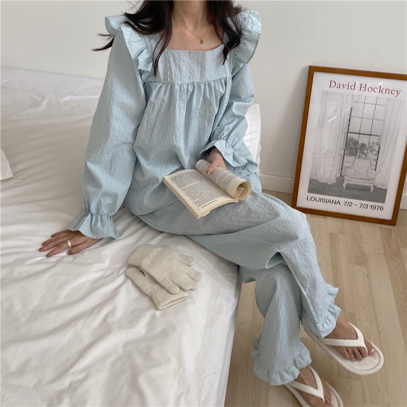 Mischa - setelan piyama baju tidur wanita rok dress gaun korea lengan panjang ruffle kotak-kotak