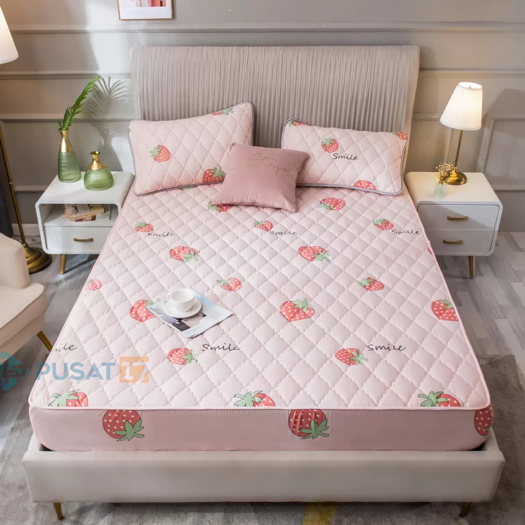 PUSAT17 SPREI WATERPROOF KARAKTER SPREY 160X200CM 180X200CM 200X200CM SPREI ANTI AIR MOTIF / SPREI PROTECTOR MATRAS KASUR 90X200CM 120X200CM-Strawberry