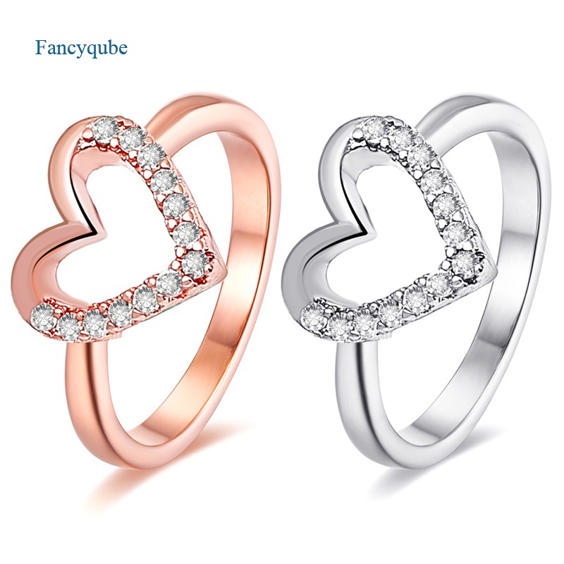 Fancyqube Cincin Sterling Silver 925 Bentuk Hati Hollow Hias Zircon Untuk Wanita