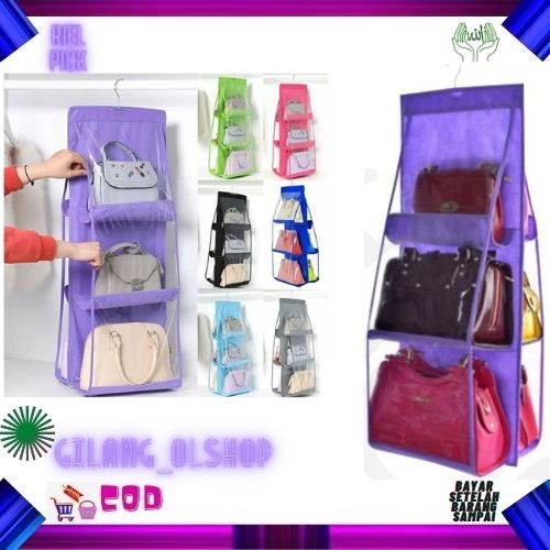 RAK TAS GANTUNG 3 SUSUN 6 SLOT POLOS PLASTIK BAG ORGANIZER HANGING