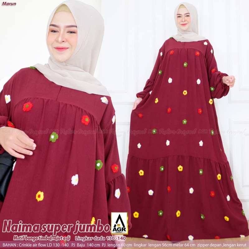 GAMIS TERBARU SUPER JUMBO Naima dress Ld 130 melar sampai 140 motif bunga rajut asli dress wanita ko