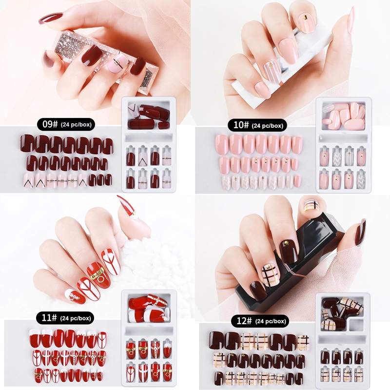 24 Pcs Kuku Palsu Full Cover Aksen Berlian Imitasi Untuk Nail Art