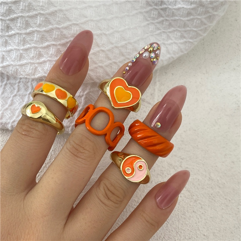 6 pcs / set Warna Resin Cincin Set Logam Terbuka Cincin Untuk Wanita Fashion Kunci Perhiasan Aksesoris Hadiah