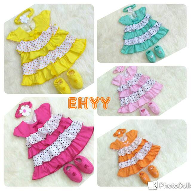 3in1 Dress 4 Tingkat Polka Pita Bayi untuk Baby Usia 3-12 Bulan