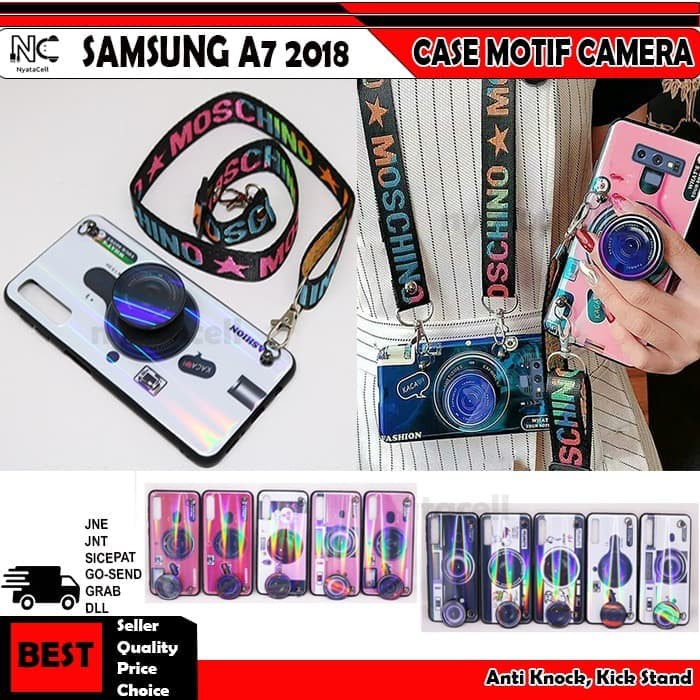Samsung Galaxy A7 2018 A750 Hard Case Motif Camera Rainbow Aurora With Pop Socket and Phone Strap
