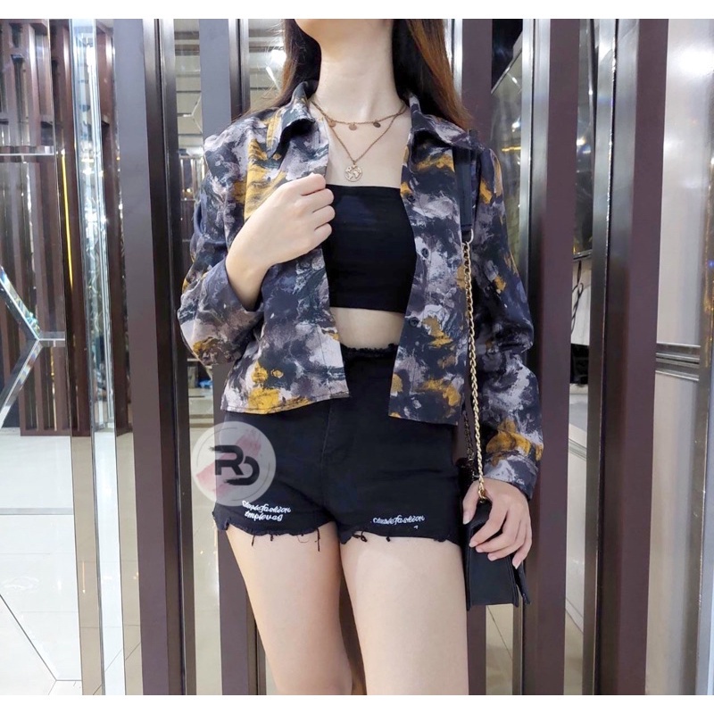 BEFAST - ZRD OOTD Wanita Kemeja Kasual NIKEN / KEMEJA CROP PRIN ABSTRAK / Kemeja Outer / Atasan Lengan Panjang / Kemeja Crop Kekiniaan Remaja / Kemeja casual Wanita / Terbaru 2022