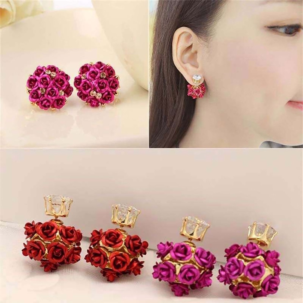 Hu Hu Hu Hu Hu Alat Bantu Pasang Kacamata♡ Anting Tusuk Desain Bunga Mawar Bahan Alloy Hias Berlian Imitasi Untuk Wanita