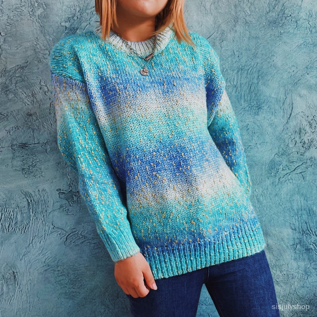 #Sisjuly# Musim Gugur Dan Musim Dingin Wanita Baru Ramping Pelangi Warna Gradien Leher Bulat Sweater
