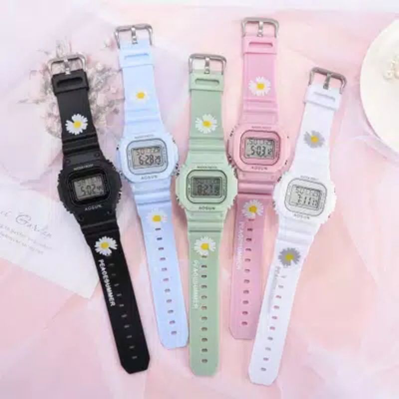 (Terima Cod)Jam Tangan Wanita Digital Sergi Bunga Model Korea Strap Rubber(Dikirim Jakarta)