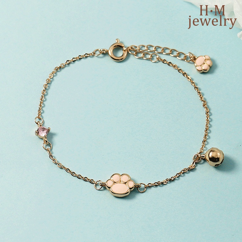 Gelang Tangan Rantai Sterling Silver 925 Aksen Telapak Kaki Kucing + Lonceng Untuk Wanita