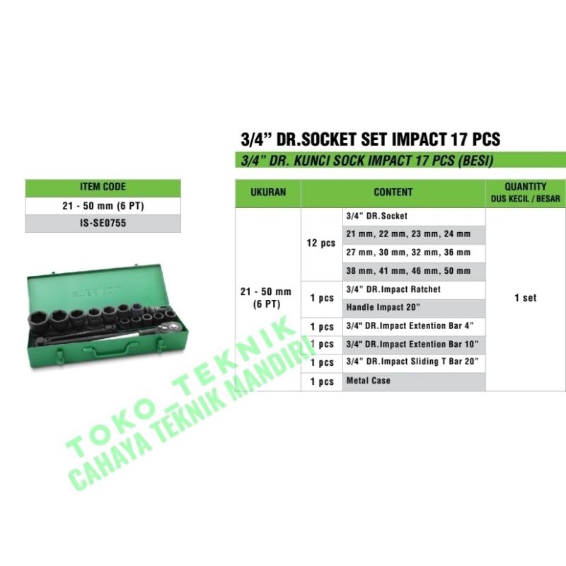 TEKIRO kunci sock set 17 pcs ukuran 21 - 50 mm sok impact