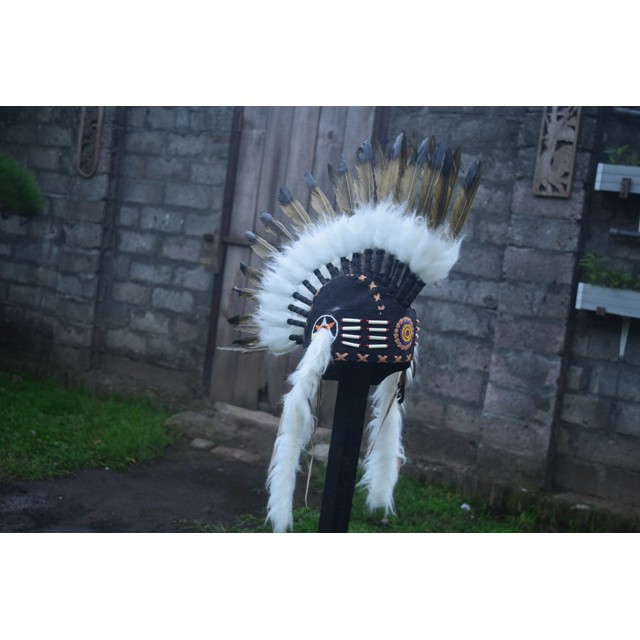 TOPI INDIAN-INDIAN HEADDRESS HEADBAND HEADPIECE MOHAWK ANGSA COKLAT PUTIH