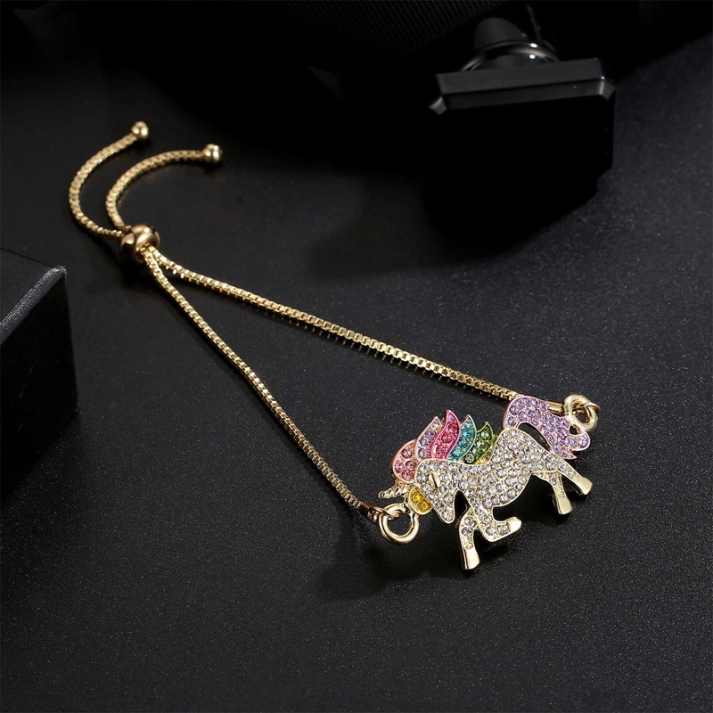 Gelang Tangan Rantai Adjustable Motif Kuda Poni / Unicorn Aksen Berlian Untuk Perhiasan Wanita