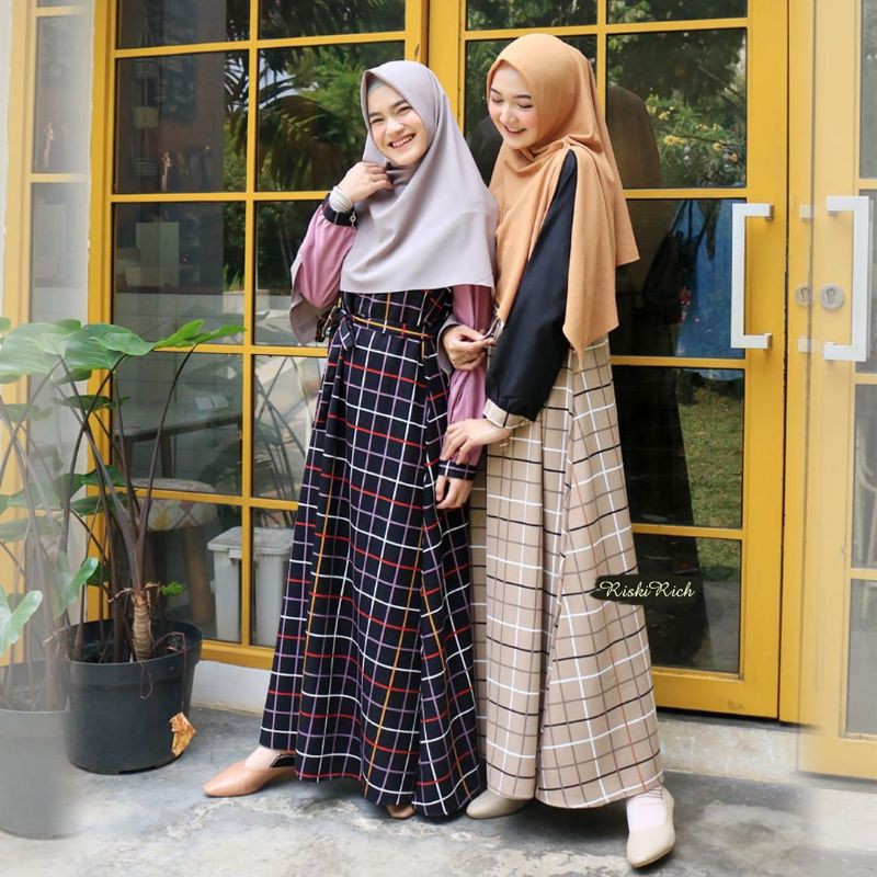 Aqeela dress, gamis kotak kotak kombinasi polos