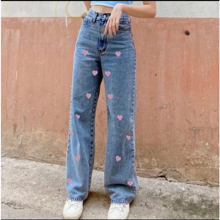 Highwaist Kulot Jeans Wanita Loose Love Pink