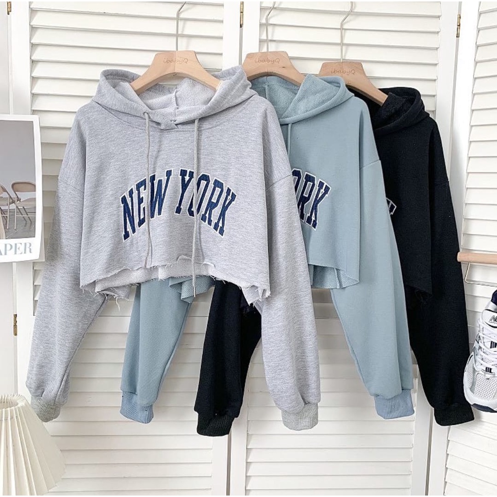 SWEATER HOODIE WANITA - NEWYORK CROP HOODIE OVERSIZE - HODIE WANITA